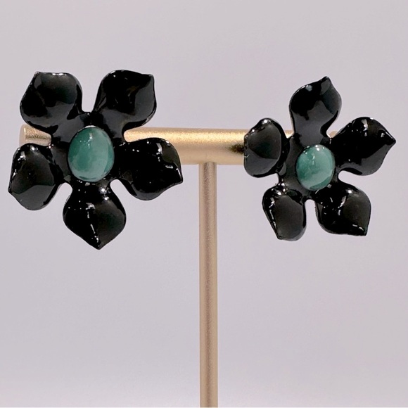Black & Turquoise Enamel Flower Earrings - Picture 1 of 4